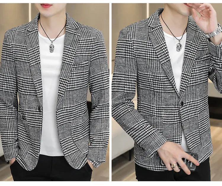 Men's Slim Fit Blazer Single Breasted Plaid Smart Casual Suit Jacket
