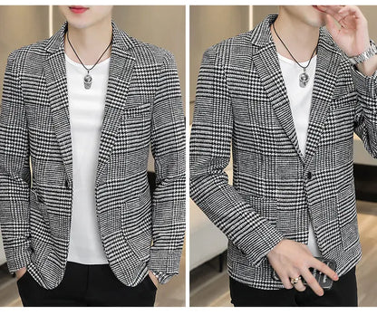 Men's Slim Fit Blazer Single Breasted Plaid Smart Casual Suit Jacket