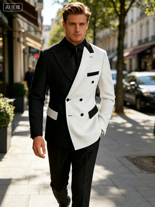 2 Pieces Black White Men's Double Breasted Suit Peak Lapel Blazer Pants Wedding Concert Birthday Party Prom Suits Groom Tuxedos