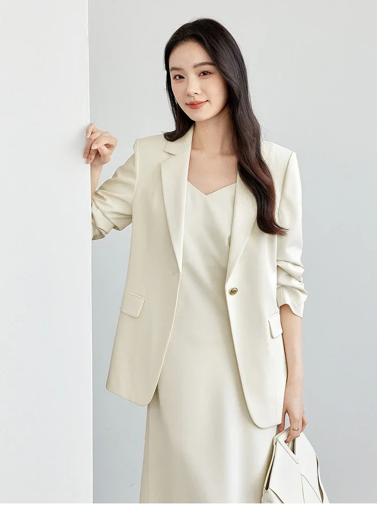 Women's Blazer 2026 Spring Fall Shoulder Pad Gathered Cuff Legant Draped Office Ladies Jackets Woman Clothes 151X57670