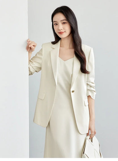 Women's Blazer 2026 Spring Fall Shoulder Pad Gathered Cuff Legant Draped Office Ladies Jackets Woman Clothes 151X57670