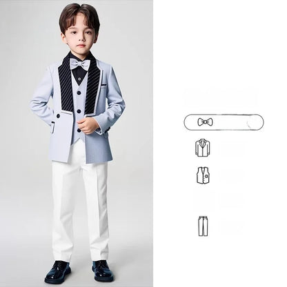Spring Autumn Kids Blazer Vest Pants Bowtie 4Pieces Outfit Boy Birthday Party Wedding Host Piano Performance Costume