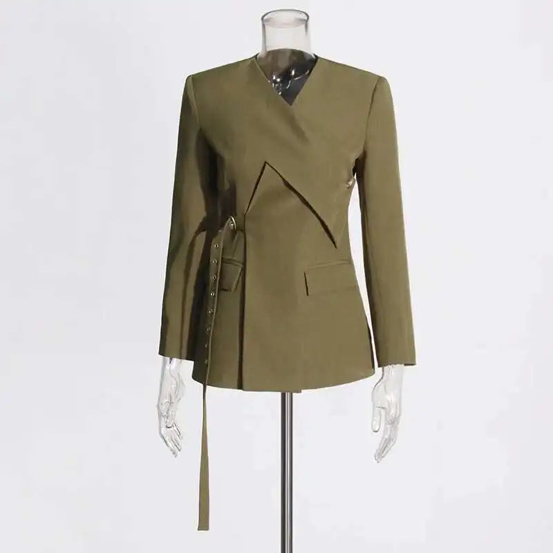 Women Blazer High Street Elegant Punk Stylish V-Neck Lace-Up Trendy Solid Color Cross Irregular Design Suit-Coat New HK3060