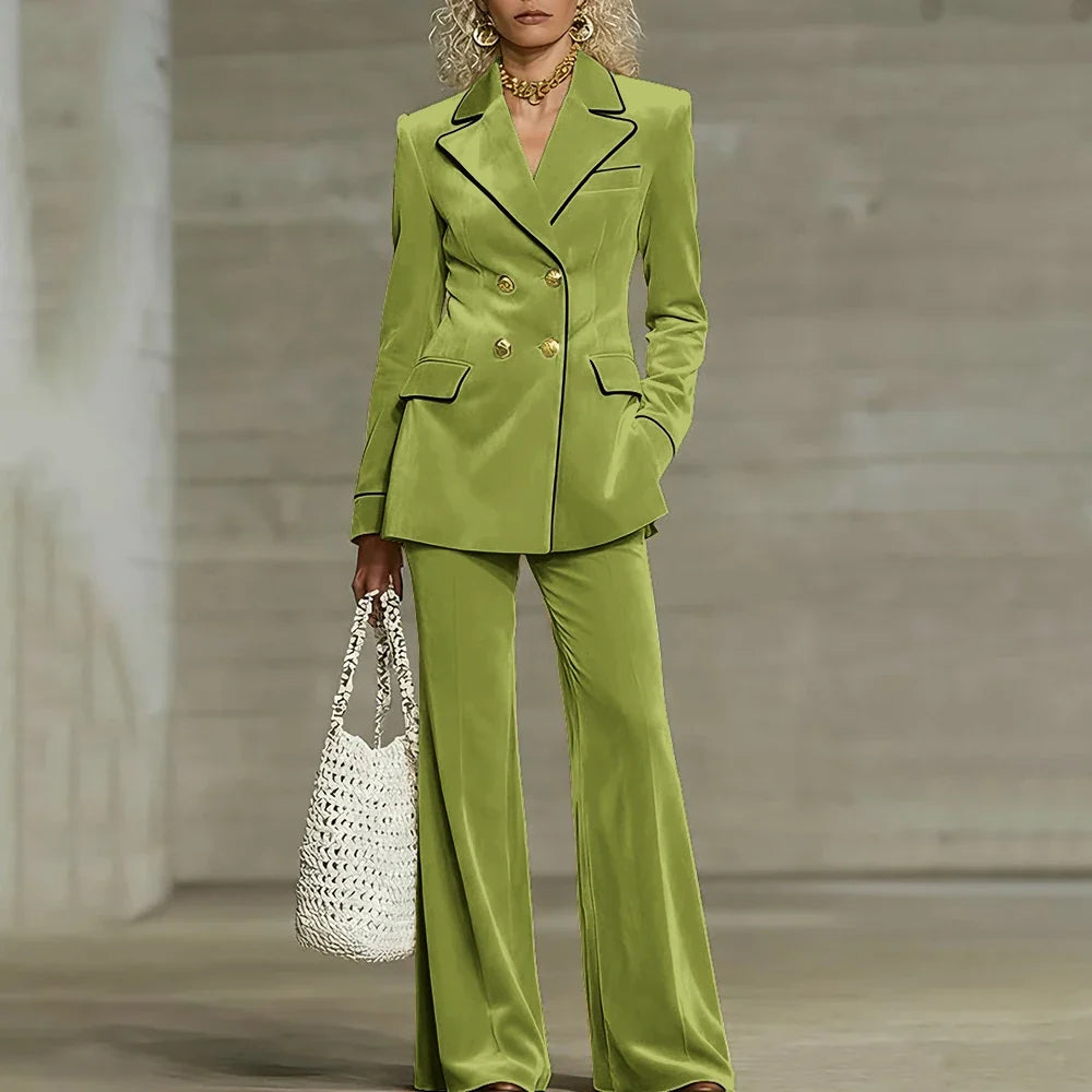 Luxury Women Yellow Velvet Clothing Double-Breasted Blazer+Pants Sets Elegant Winter Daily Suit Slim Fit Office Outerwears
