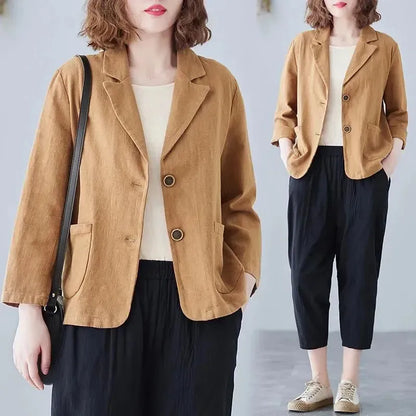 Casual Cotton Linen Short Suit Jacket Women's Spring 2025 Loose Fit Long Sleeve Artistic Large Size Casual Style Top