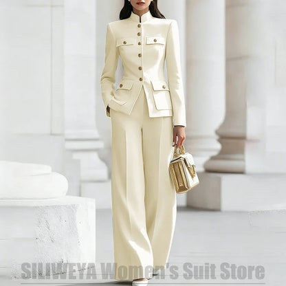 Women's Ivory Suit Mandarin Collar 2 Piece Military Style Gold Buttons Blazer Wide Leg Pants Wedding Party Prom Lady Suits
