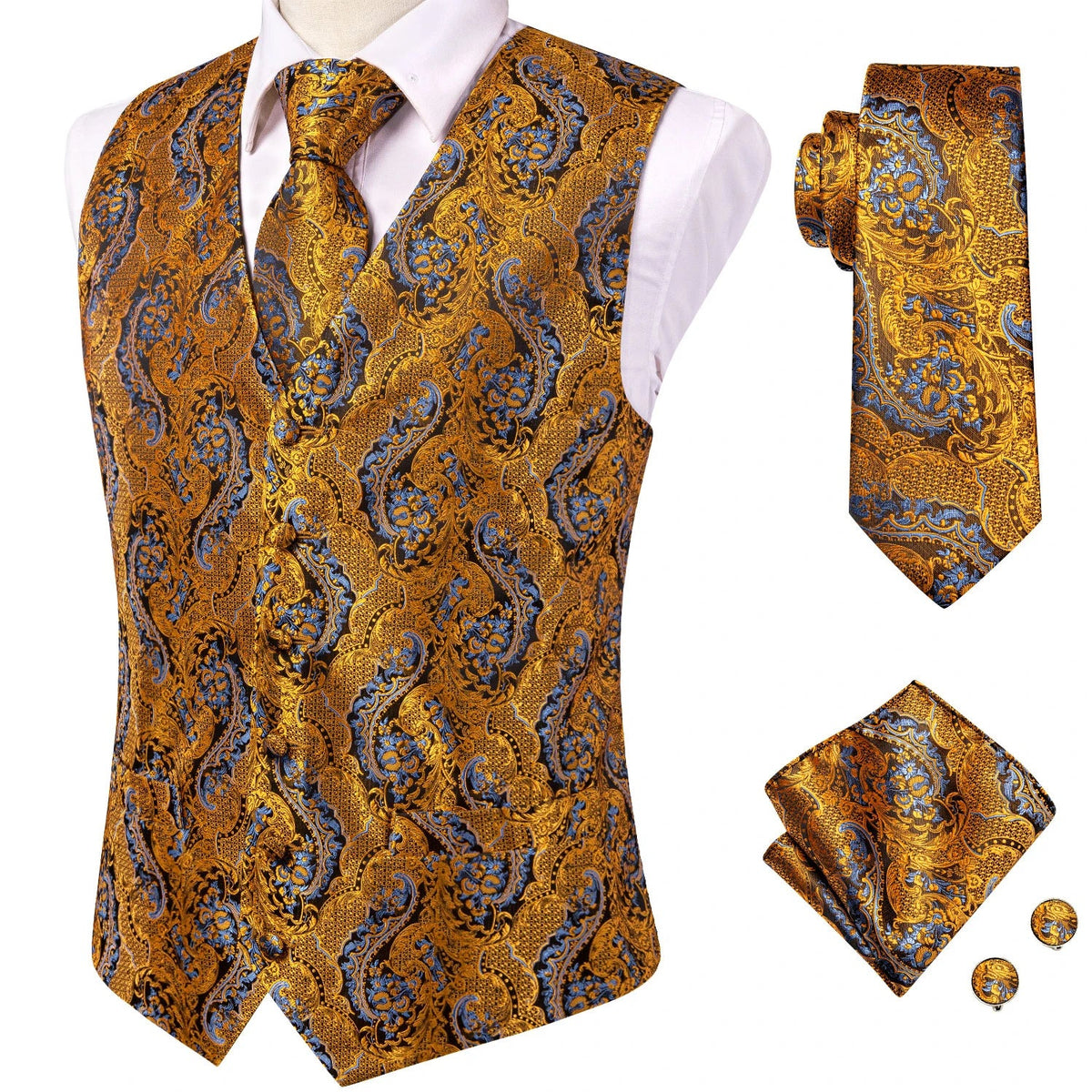 Men's Vest Suit Set – Champagne Gold Paisley Waistcoat for Weddings & Formal Events