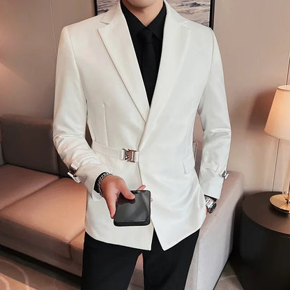 Men's Slim Fit Blazer Metal Buckle Decoration Smart Casual Wedding Party Jacket