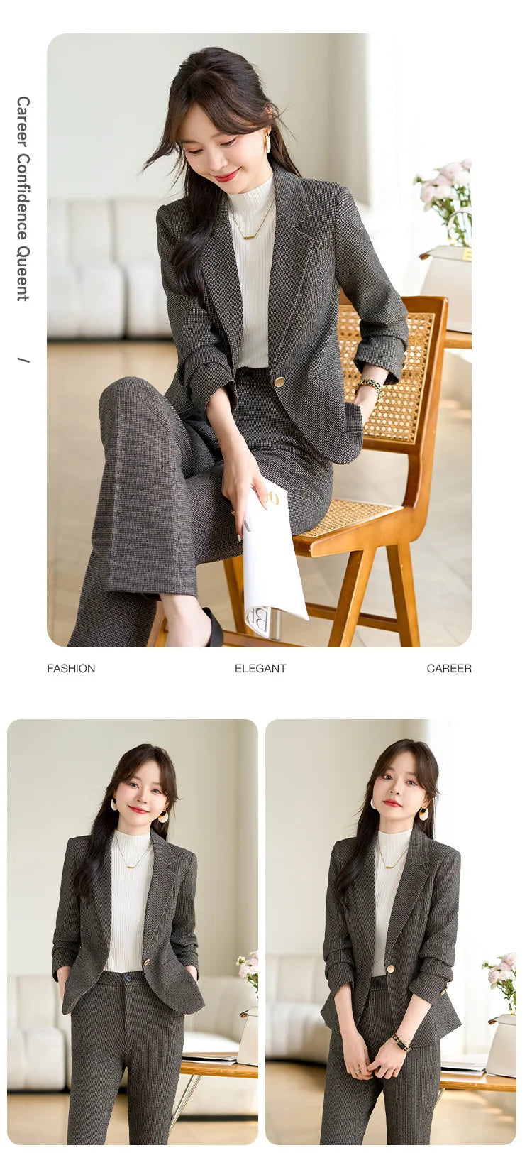 2024 Autumn Winter New Retro Plaid Woolen Blazer Coat And High Waist Flare Pant Two Piece Set Women's Suit Business Clothing