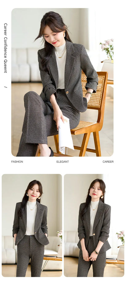 2024 Autumn Winter New Retro Plaid Woolen Blazer Coat And High Waist Flare Pant Two Piece Set Women's Suit Business Clothing