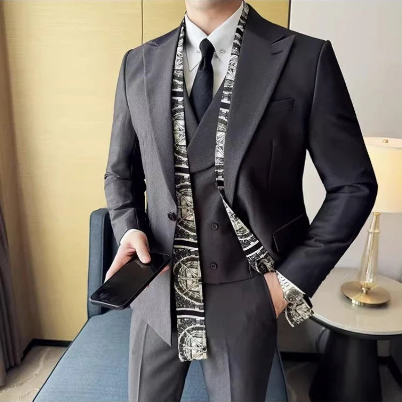 Double Collar Suit Set 3 Pieces Business Formal Casual Suits Vest Trousers Office Work Party Prom Wedding Groomsmen Clothing