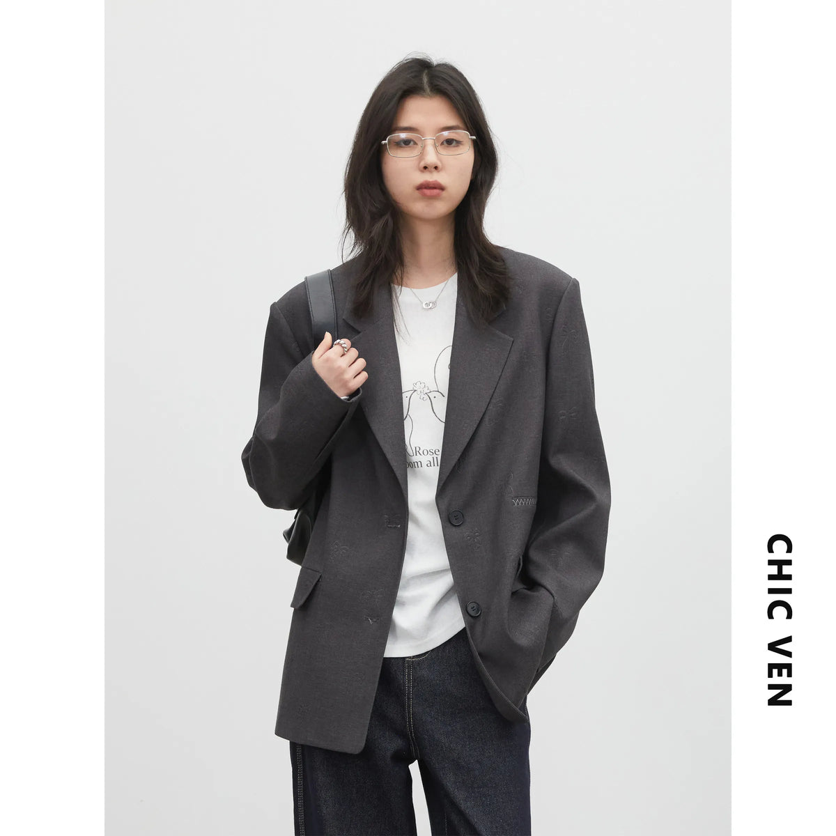 Fashion Women Blazers Loose Casual Design Bow Embossed Office Ladies Suit Jacket Gray Spring Autumn 2026 Female Coat