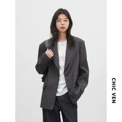 Fashion Women Blazers Loose Casual Design Bow Embossed Office Ladies Suit Jacket Gray Spring Autumn 2026 Female Coat