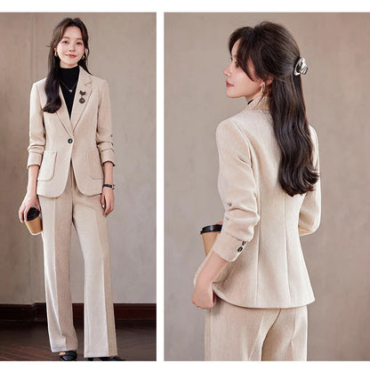 2024 Autumn New Corduroy Elegant Pant Suit Ladies Formal Business Work Wear 2 Piece Set Black Coffee Jacket Blazer And Trouser