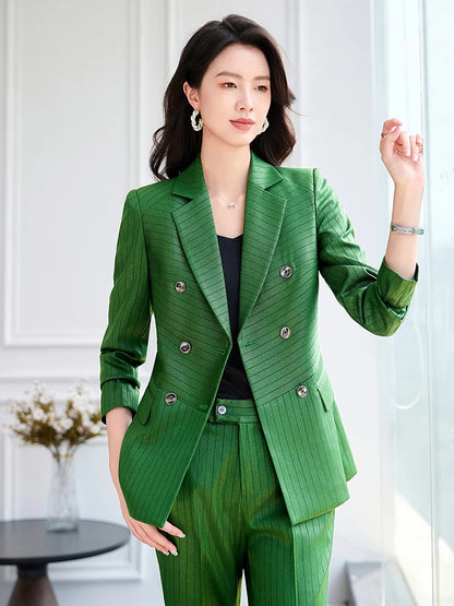 High Quality Women Navy Blue Green Pant Suit Female Button Decoration Blazer and Trouser 2 Piece Set For Office Ladies Work Wear