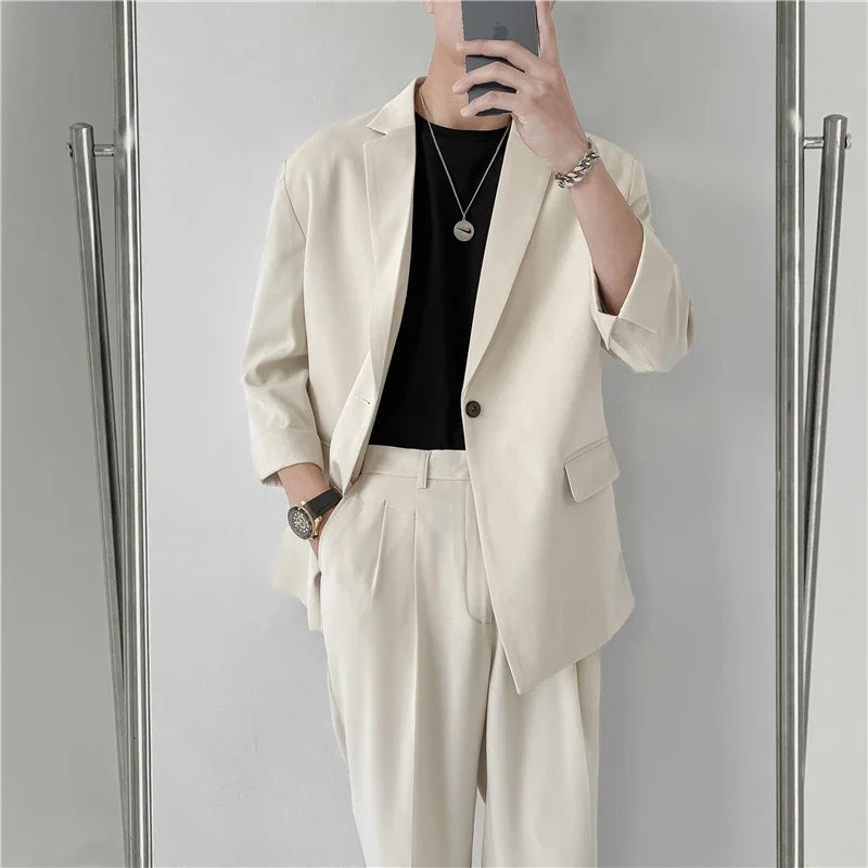 2022 Fashion Summer 2-piece Set Solid Color Single-breasted Casual Simple Student Wear Homme Loose Suits Wear (Blazers + Pants)