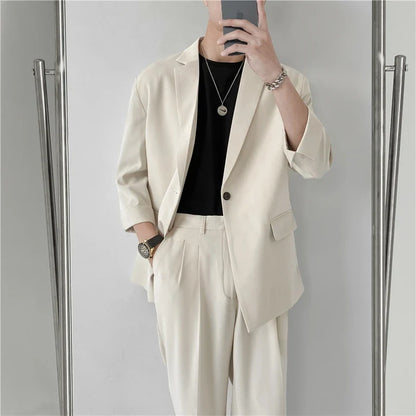 2022 Fashion Summer 2-piece Set Solid Color Single-breasted Casual Simple Student Wear Homme Loose Suits Wear (Blazers + Pants)
