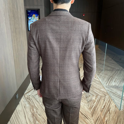 British Korean Style High Quality Modified Plaid Three-Piece Suit for Men - Stylish Business Casual Suit Vest And Trousers Set