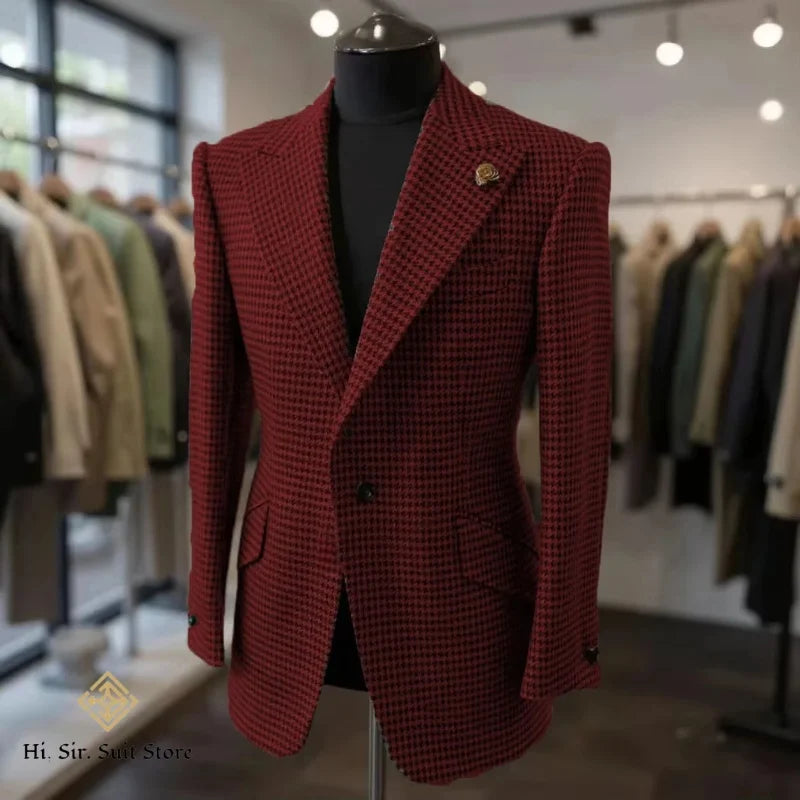 Houndstooth Blazer Men Slim Fit Plaid Suit Jacket Tuxedo One Button Peak Lapel Business Casual Wedding Prom Sport Coats Hot Sale
