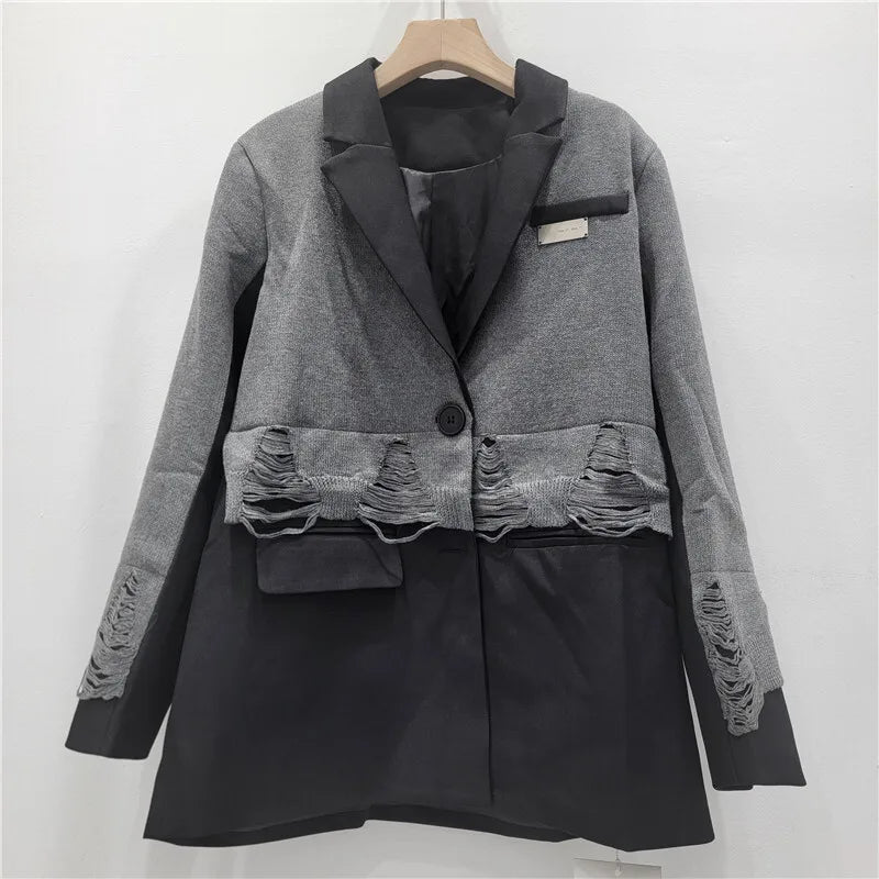 2025 Autumn New Women Blazer Notcged Collar Single Button Distressed Knitted Patchwork Color Block Tide Chic Jacket HK13269
