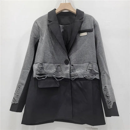 2025 Autumn New Women Blazer Notcged Collar Single Button Distressed Knitted Patchwork Color Block Tide Chic Jacket HK13269