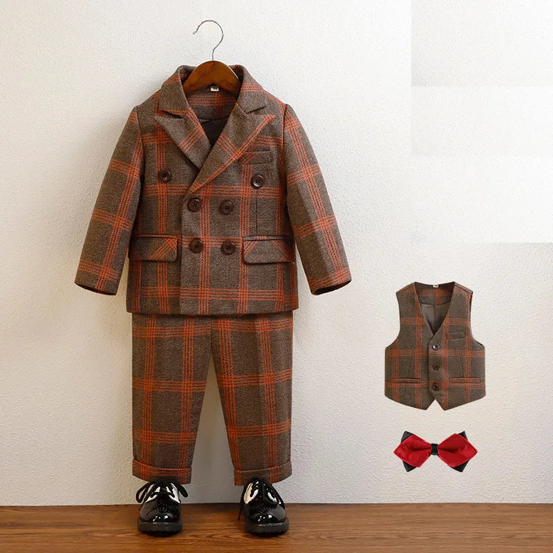 Boys Plaid Double Breasted Tuxedo Set – 4-Piece Formal Suit for Weddings & Special Occasions
