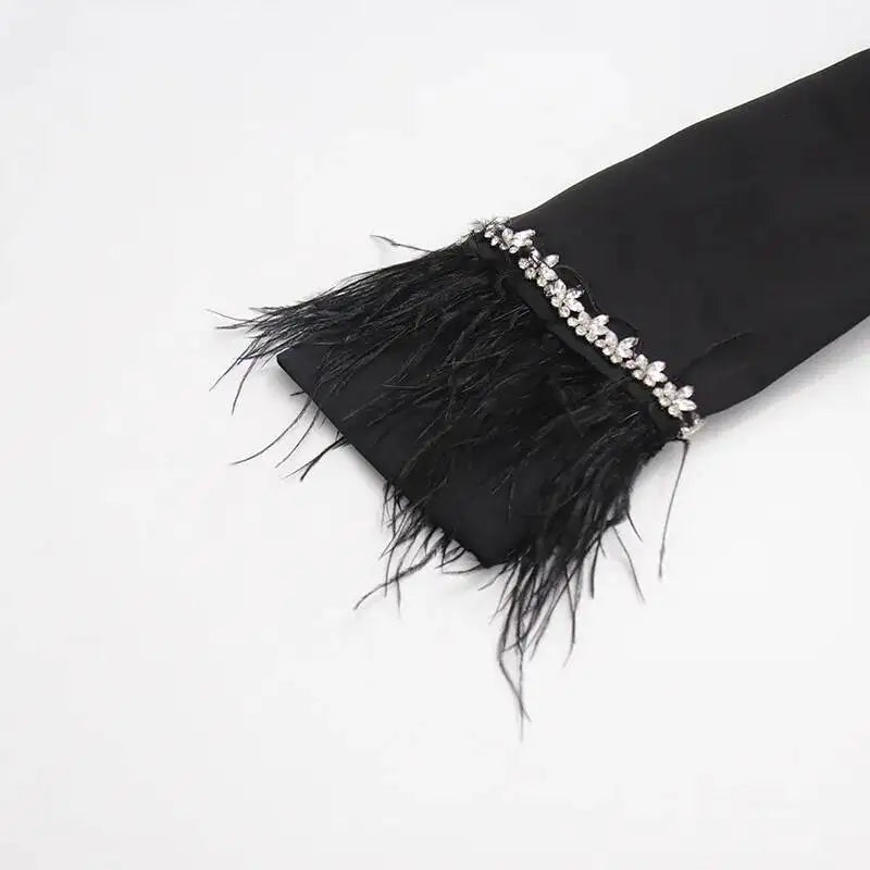 Women Blazer Studded Diamonds Patchwork Cuff Feather Single Button Slim Fit Elegant Jacket High-End Coat New Spring HK11098