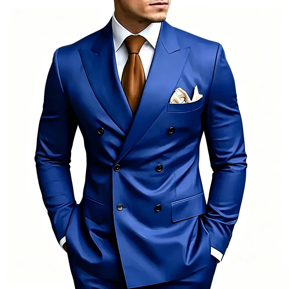 High Quality Brown Men Suits Double Breasted Bespoke Wedding Suit Peaked Lapel Formal Blazer Slim Fit  Groom Dress