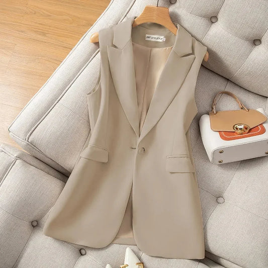 2024 Sleeveless Blazer Vest Women Elegant Office Lady Black Casual Long Vest Female Ladies Waistcoat Women Vest