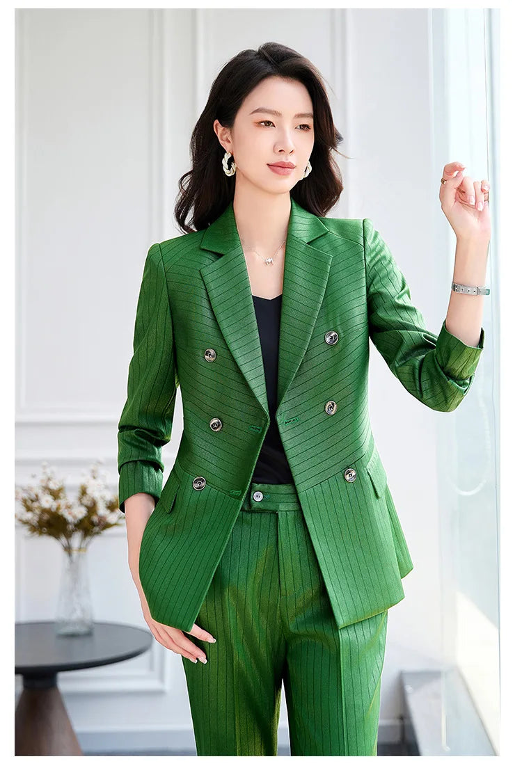 High Quality Women Navy Blue Green Pant Suit Female Button Decoration Blazer and Trouser 2 Piece Set For Office Ladies Work Wear