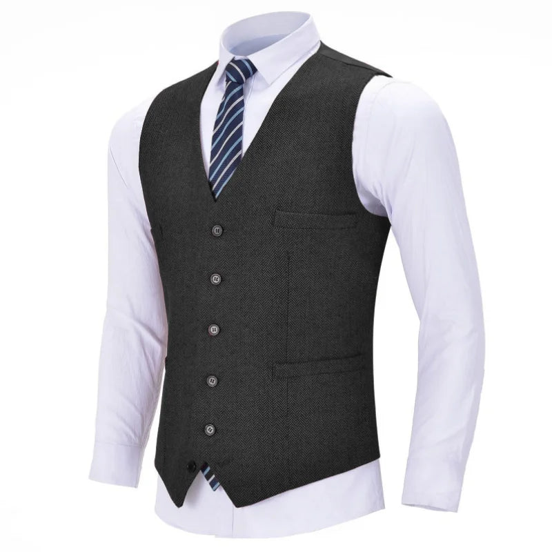 Men's Herringbone Vest Single Breasted Formal Waistcoat for Weddings and Business