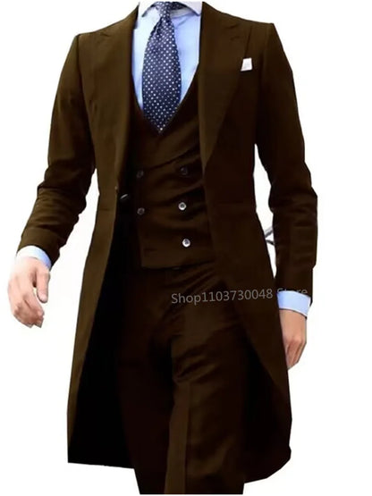 Solid Wedding Men Long Tailcoat 3 Piece Formal Groom Tuxedos for Prom Party Male Suits Fashion Clothing Set Jacket Pants Vest