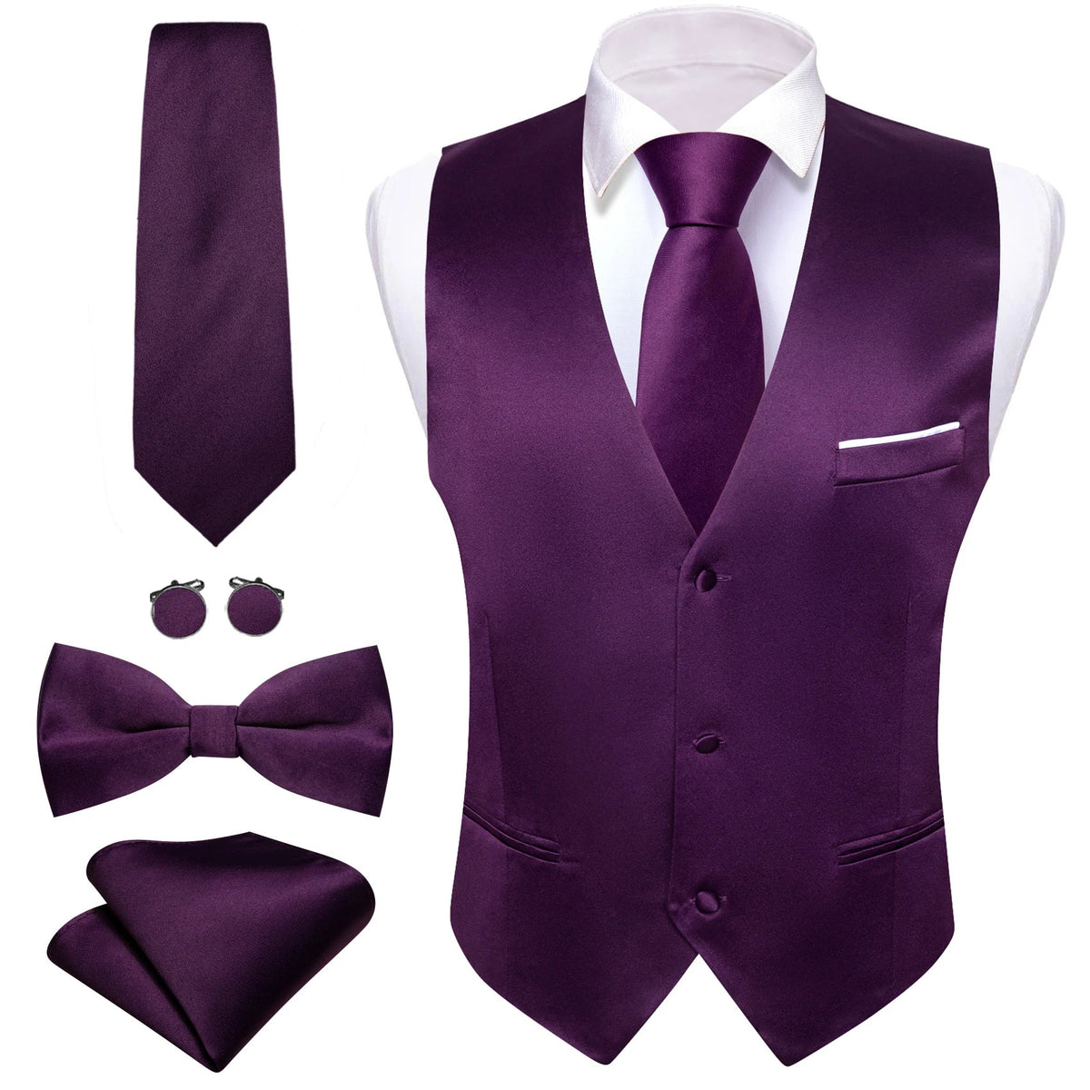 Men's Suit Vest 5-Piece Set – Solid Color V-Neck Waistcoat with Tie, Bow Tie, Pocket Square & Cufflinks for Wedding & Business