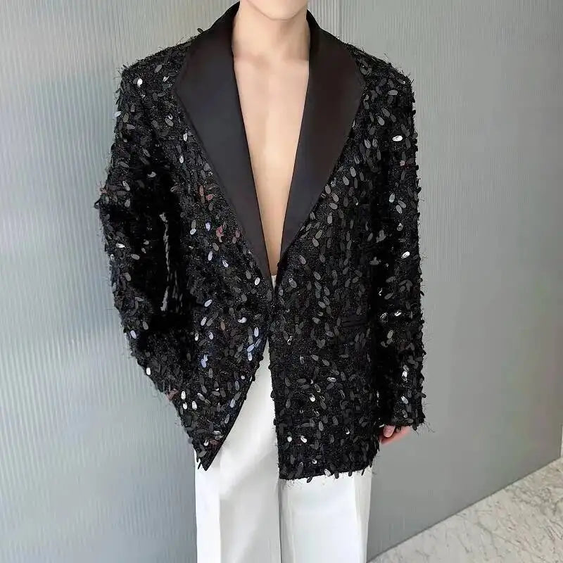 Design Patchwork Burr Original Casual Shoulder Pad Sequin Blazer Coat Men's 2025 Autumn Fashion Temperament Jacket JY7384