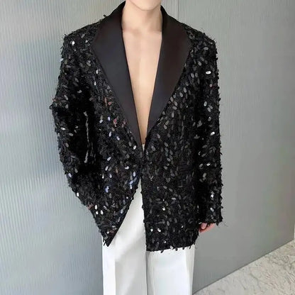 Design Patchwork Burr Original Casual Shoulder Pad Sequin Blazer Coat Men's 2025 Autumn Fashion Temperament Jacket JY7384
