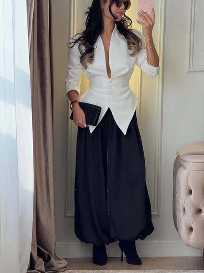 Women Blazer White Slim Fit Blazer Jacket Long Sleeve Deep V Neck Button Front Asymmetrical Hem Office Casual Elegant Jacket