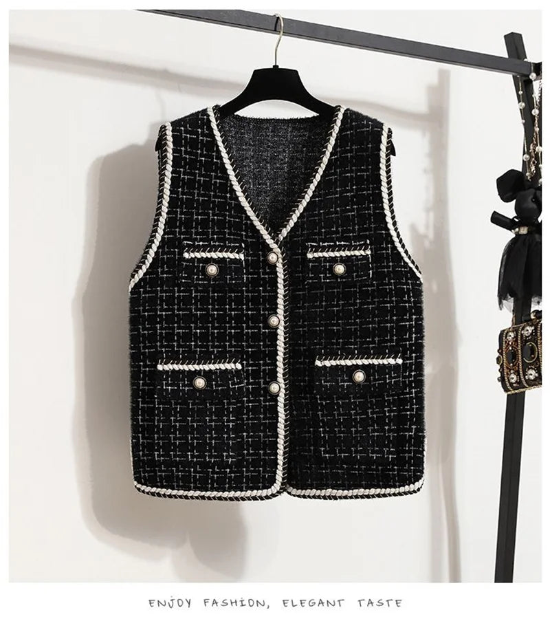 Women's Contrast Knitted Vest New Autumn Short Sleeveless Jacket V-neck Single Breasted Waistcoat Female Coats Chaleco Mujer