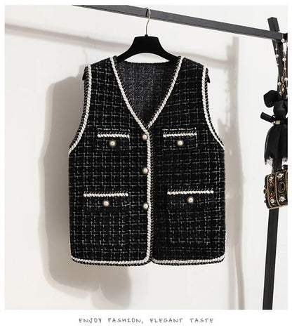 Women's Contrast Knitted Vest New Autumn Short Sleeveless Jacket V-neck Single Breasted Waistcoat Female Coats Chaleco Mujer