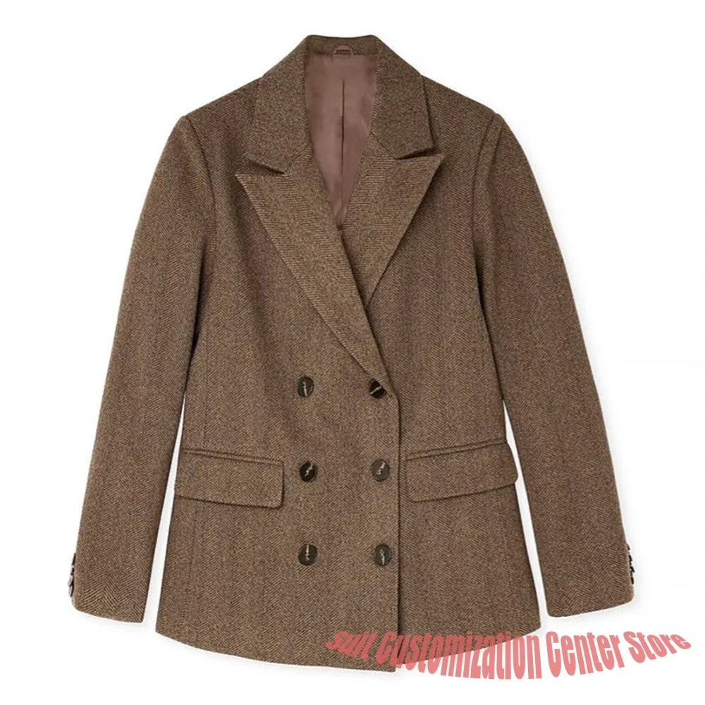 Elegant Brown Herringbone Blazer Suit Women's Double Breasted Peaked Lapel Jacket+Pants 2Piece Set Office Vintage Fashion Outfit