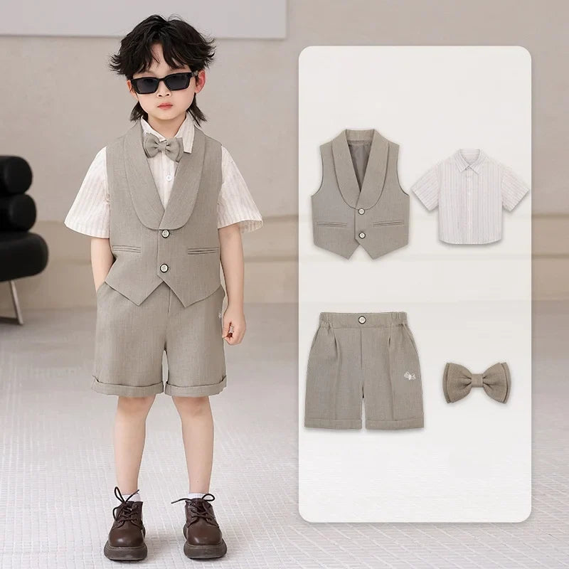 Boys' Summer British Style Suit Vest Set Flower Boy First Birthday Outfit Boys' Children's Day Host Piano Performance Costume