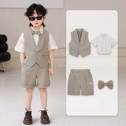 Boys' Summer British Style Suit Vest Set Flower Boy First Birthday Outfit Boys' Children's Day Host Piano Performance Costume