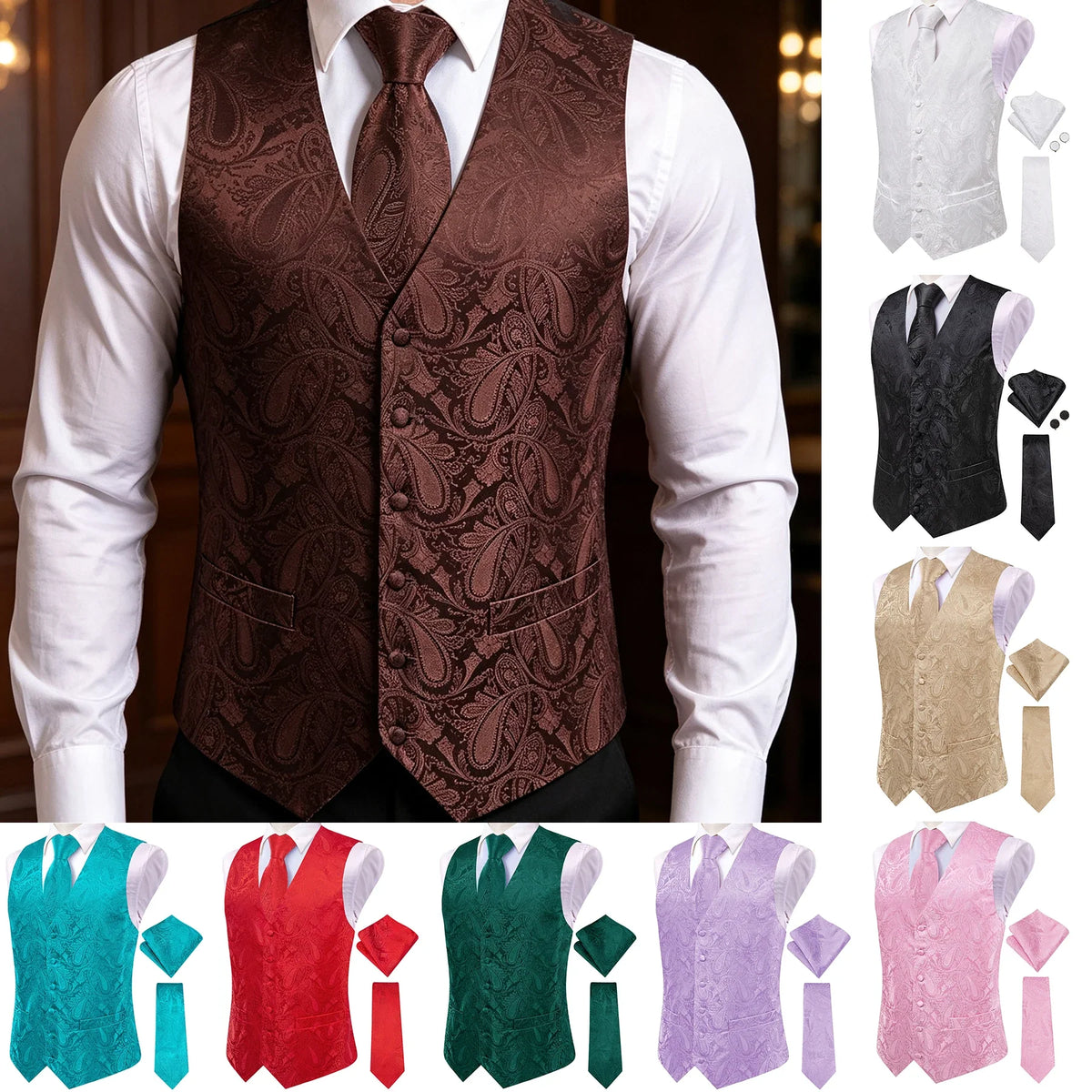 Men's Paisley Jacquard Suit Vest – V-Neck 6-Button Waistcoat with Tie & Pocket Square for Weddings