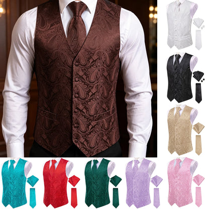 Men's Paisley Jacquard Suit Vest – V-Neck 6-Button Waistcoat with Tie & Pocket Square for Weddings