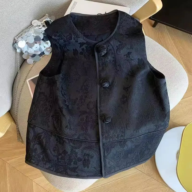 Vintage Chinese Jacquard Vest Jacket Women 2025 New Spring Summer  Rose Button Sleeveless Waistcoat Chic Female Top