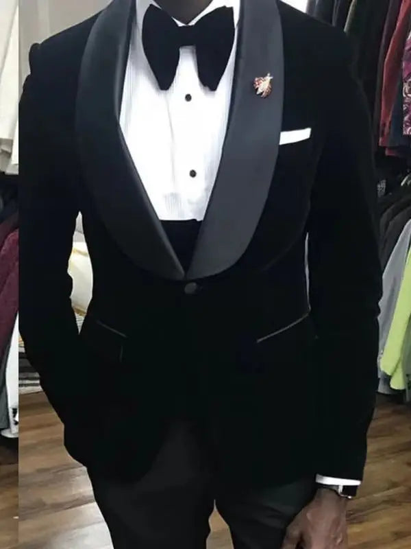 Men's Black Velvet Tuxedo 2 Piece Set Shawl Lapel Slim Fit Blazer And Pants Wedding Groom Male Fashion Costume for Spring