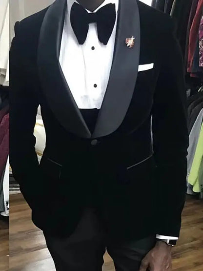 Men's Black Velvet Tuxedo 2 Piece Set Shawl Lapel Slim Fit Blazer And Pants Wedding Groom Male Fashion Costume for Spring
