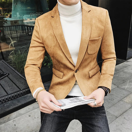 Korean Autumn Winter Men's Suede Suit Jacket Solid Color Slim Fit Casual Business Blazers High Quality Social Formal Coats M-4XL