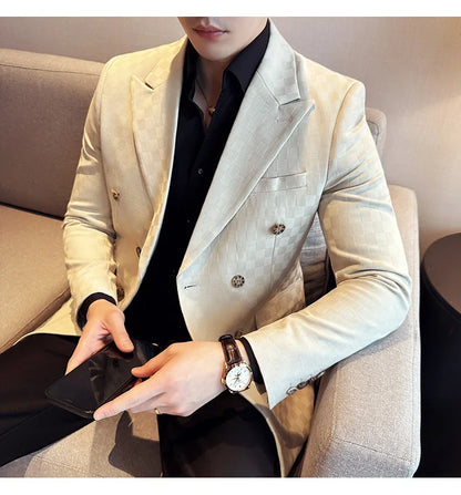 6 Color Luxury Double Breasted Blazers Coats 2024 New Fashion Checkered Business Slim Fit Social   Formal Suit Jacket 5XL-M
