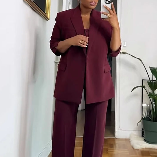 Stylish Peak Lapel Women Suits Burgundy Two Pieces Oversized Single Button Blazer Pants Modern Office Lady Formal Outfit