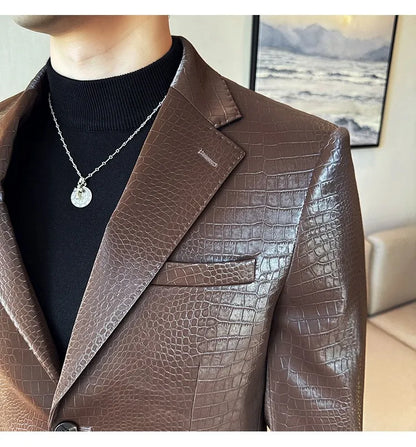 2026 Crocodile Patterned Leather Suit Jacket Men Slim Fit Business Casual Leather Jacket Wedding Groom Party Work Men Blazers